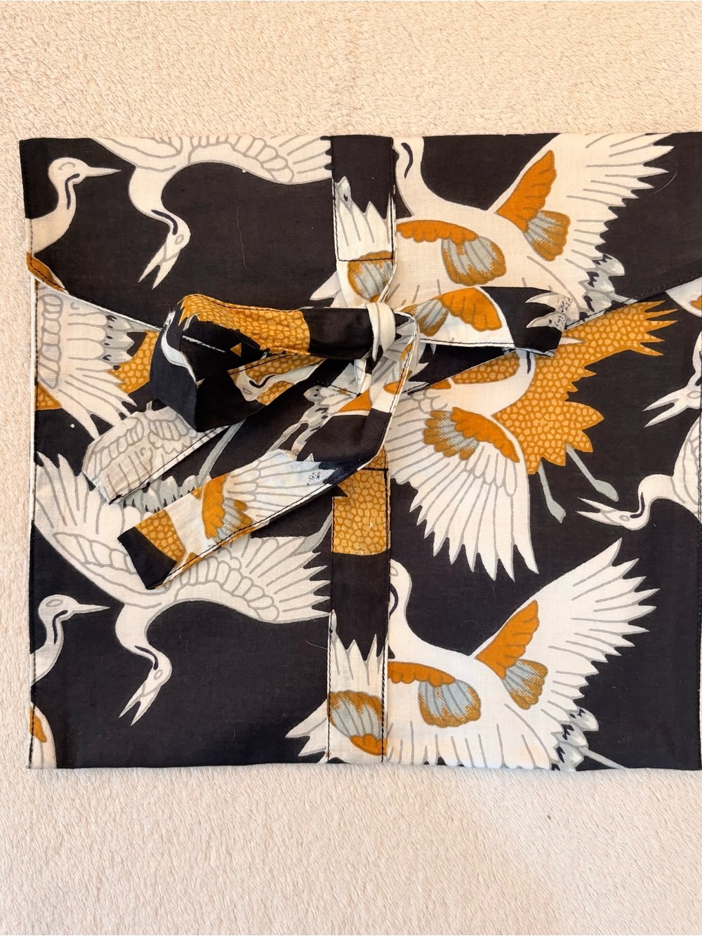 Crane Print Fabric Pouch - Black Gold Accent 100% Cotton